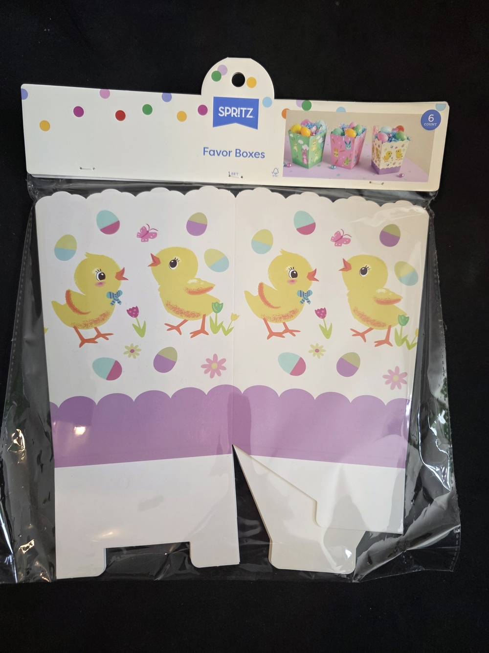 Spritz Yellow Chick Favor Boxes with Purple Scallop Trim
